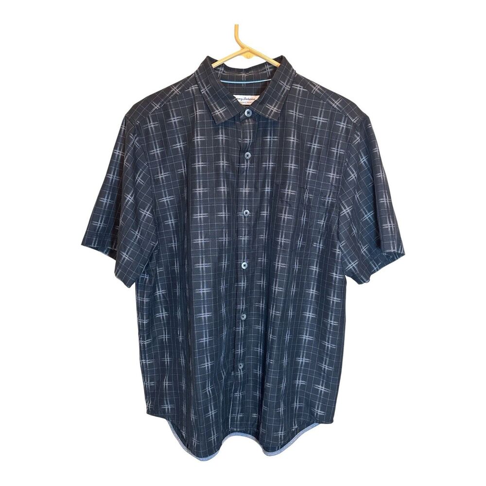 Tommy Bahama Shirt Mens Large Black Plaid Coconut Point Button Up Short Sleeve